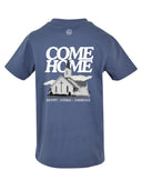 Blaues Father's House Kindershirt, Rückseite mit Come Home Kirchenmotiv
