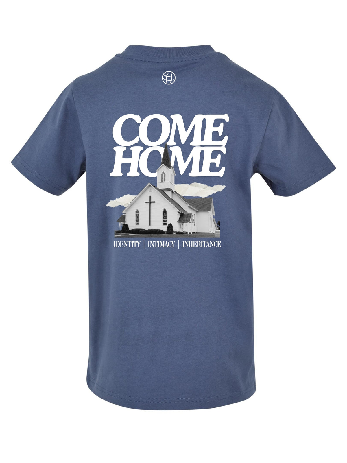 Blaues Father's House Kindershirt, Rückseite mit Come Home Kirchenmotiv