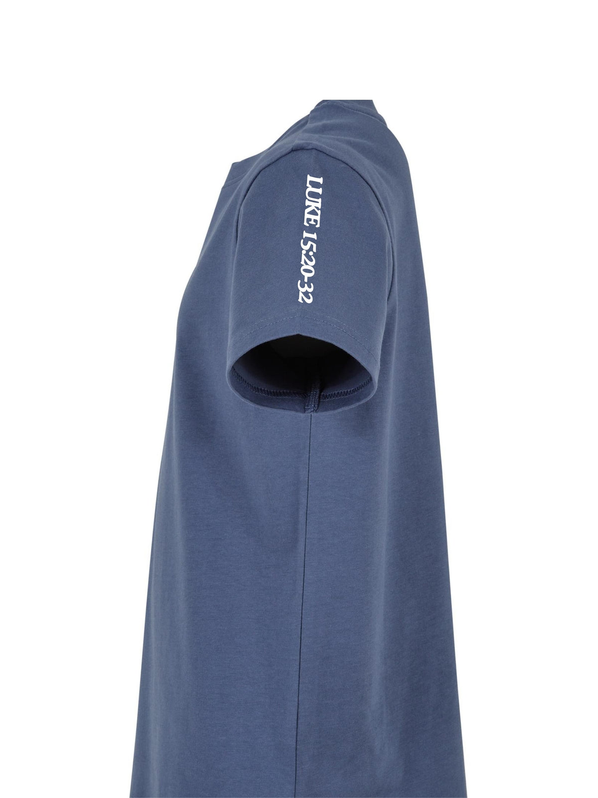 Ärmel des blauen Kindershirts mit Lukas 15,20-32