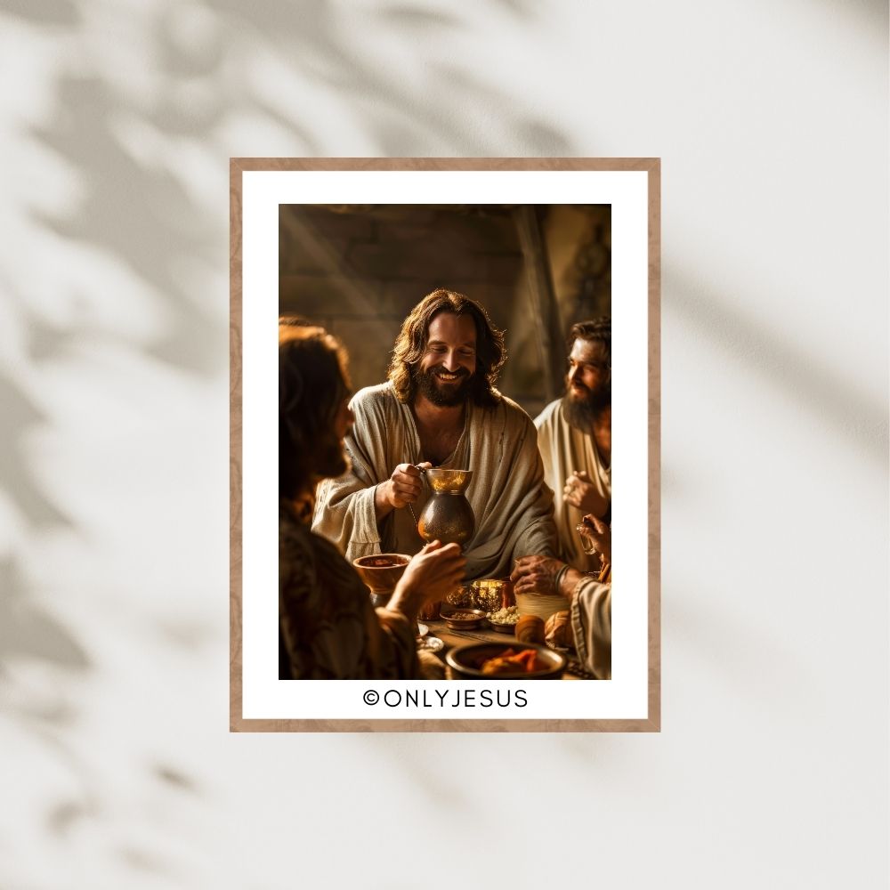 Digitales Poster: Jesus mit dem Kelch beim Abendmahl, im Holzrahmen