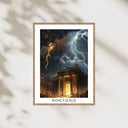 Digitales Poster: Tempel im Gewitter mit Blitzen, im Holzrahmen