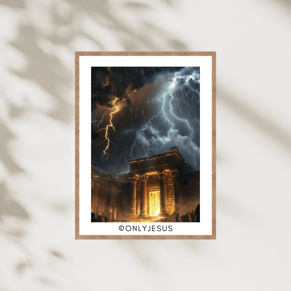Digitales Poster: Tempel im Gewitter mit Blitzen, im Holzrahmen