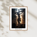 Digitales Poster: Jesus am Kreuz unter Blitzen, im Holzrahmen