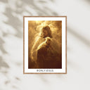 Digitales Poster: Jesus trägt ein Lamm im goldenen Licht, im Holzrahmen