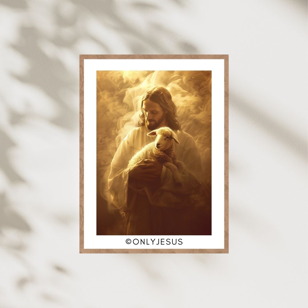 Digitales Poster: Jesus trägt ein Lamm im goldenen Licht, im Holzrahmen