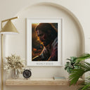 Poster Jesus im Garten Gethsemane im Abendlicht, gerahmt im Wohnzimmer mit Lampe und Pflanzen
