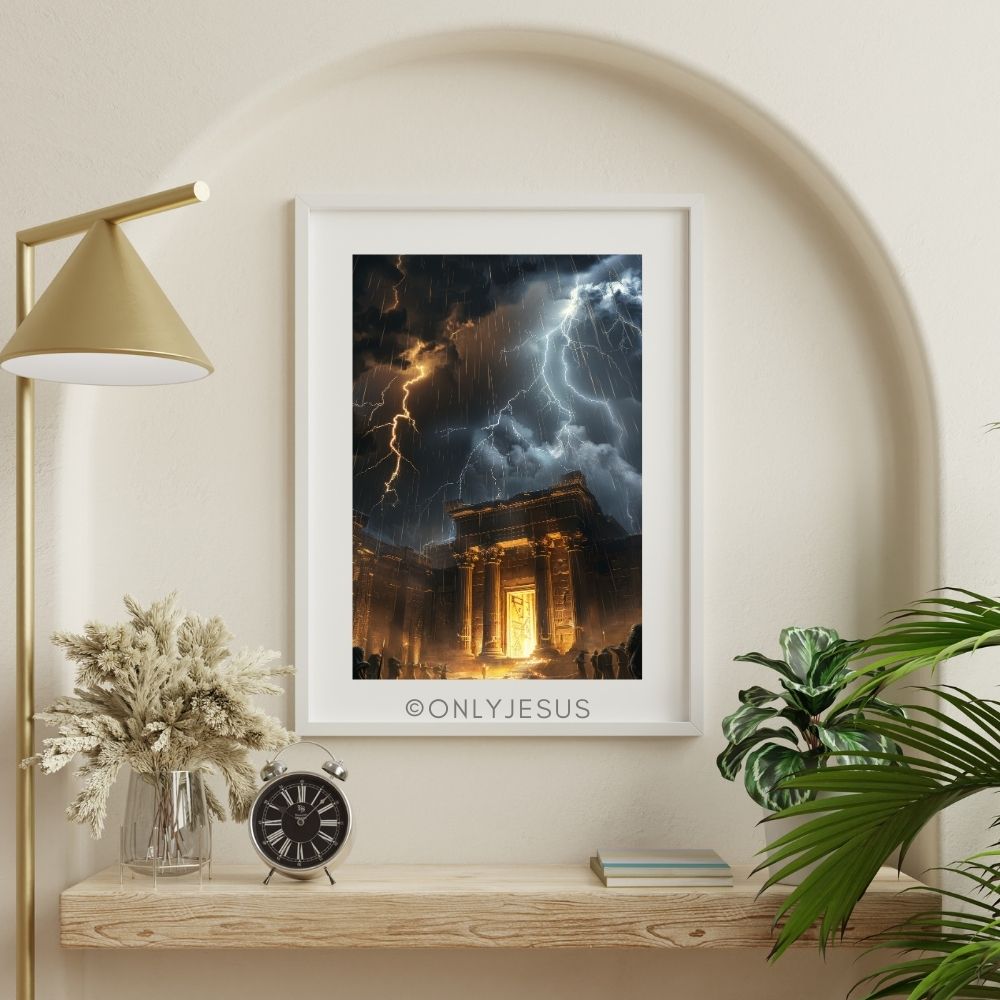 Poster Tempel im Gewitter mit Blitzen, gerahmt im Wohnzimmer mit Lampe und Pflanzen