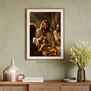 Poster Jesus mit dem Kelch beim Abendmahl, gerahmt über einer Kommode vor grüner Wand