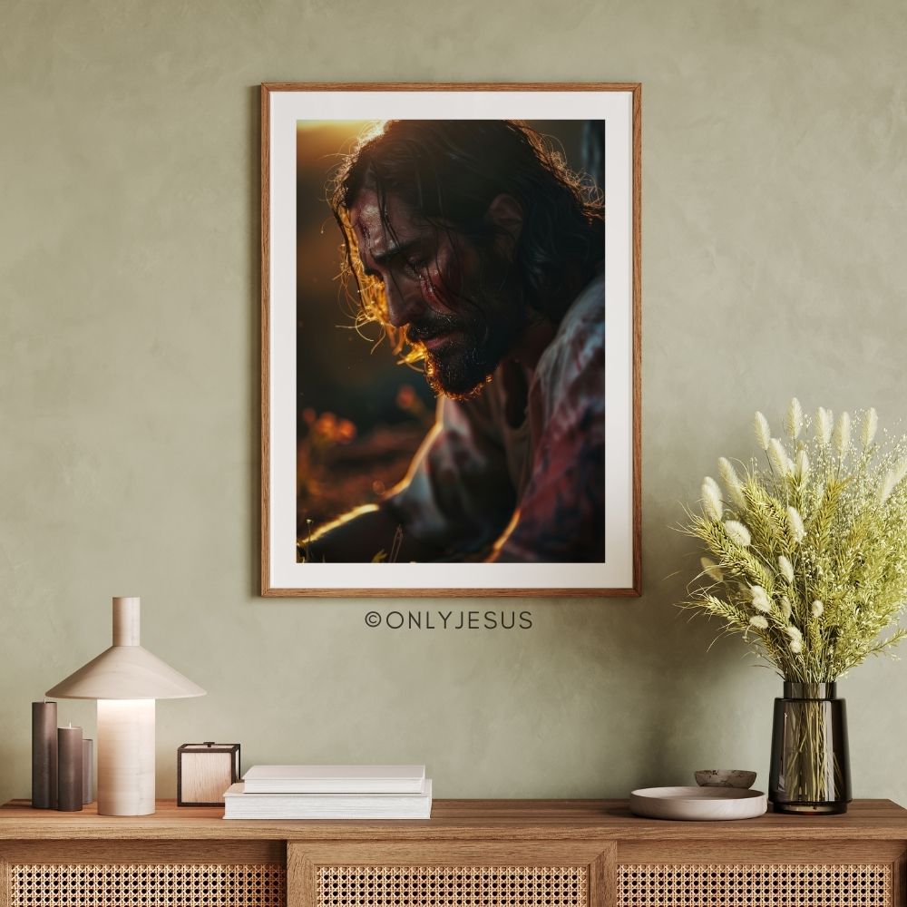 Poster Jesus im Garten Gethsemane im Abendlicht, gerahmt über einer Kommode vor grüner Wand