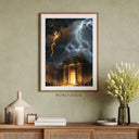 Poster Tempel im Gewitter mit Blitzen, gerahmt über einer Kommode vor grüner Wand