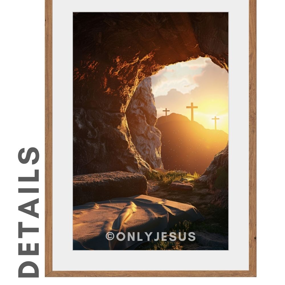 Detailansicht des Posters: leeres Grab mit Blick auf drei Kreuze im Sonnenaufgang