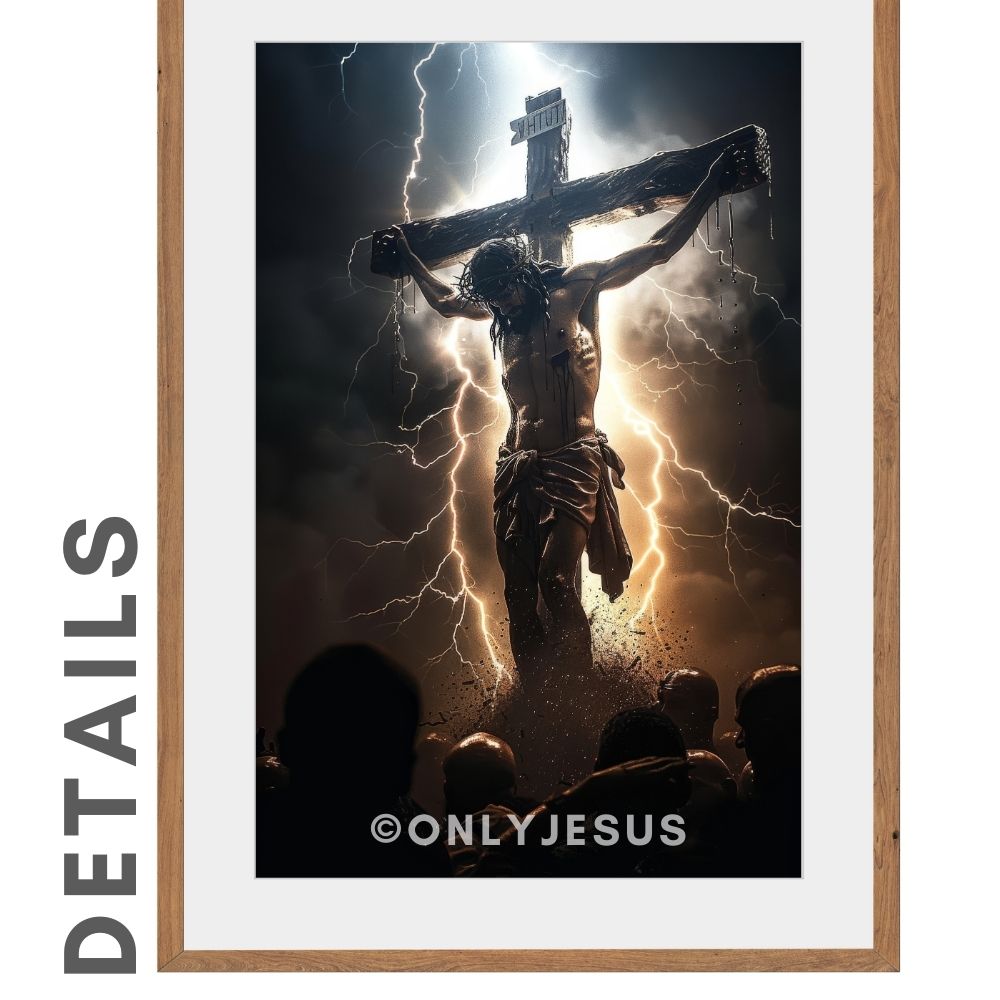 Detailansicht des Posters: Jesus am Kreuz unter Blitzen