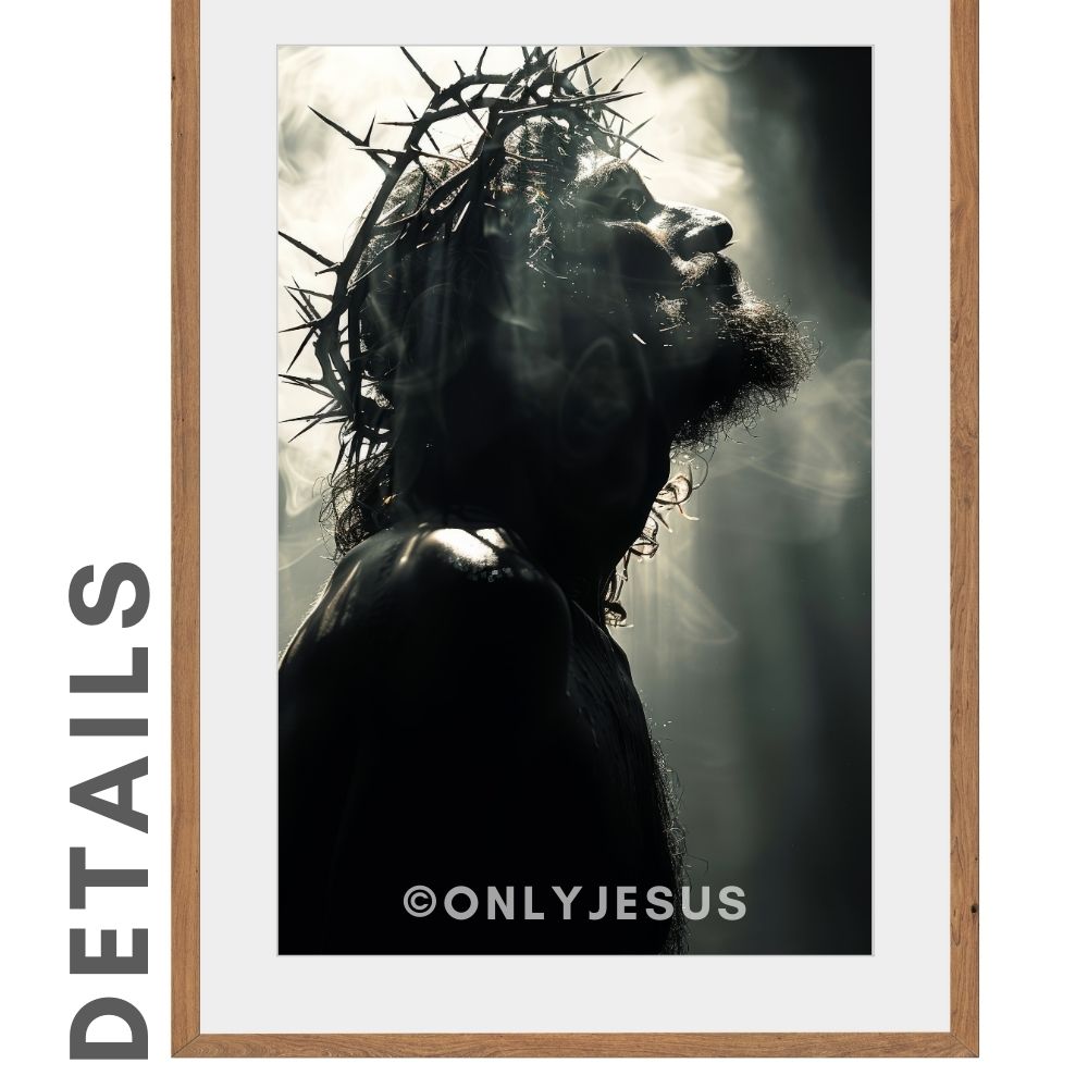 Detailansicht des Posters: Silhouette von Jesus mit Dornenkrone im Gegenlicht