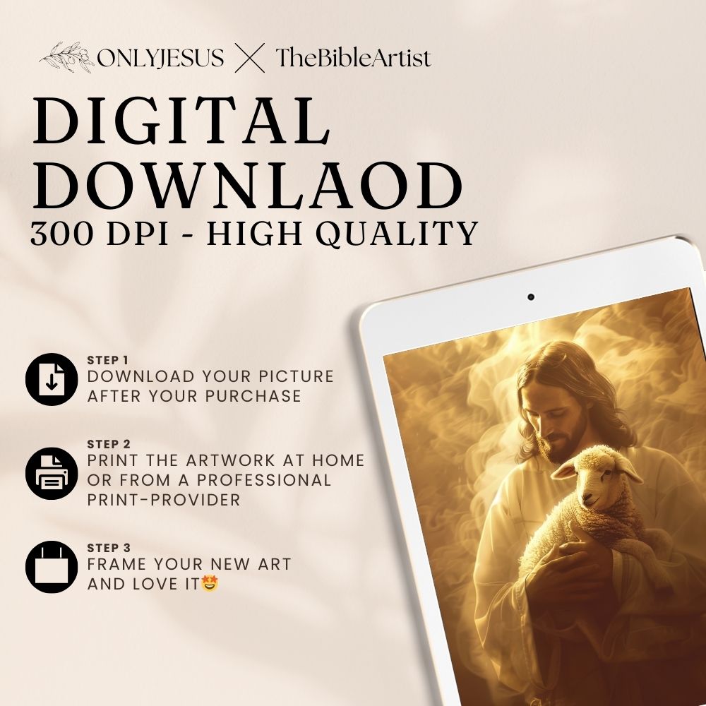 Digitaler Download in 300 dpi zum Selbstdrucken: Jesus trägt ein Lamm im goldenen Licht