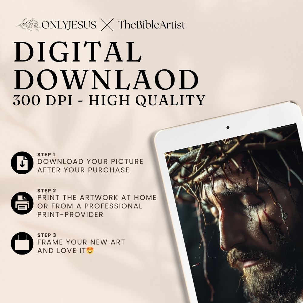 Digitaler Download in 300 dpi zum Selbstdrucken: Jesus mit Dornenkrone in Nahaufnahme