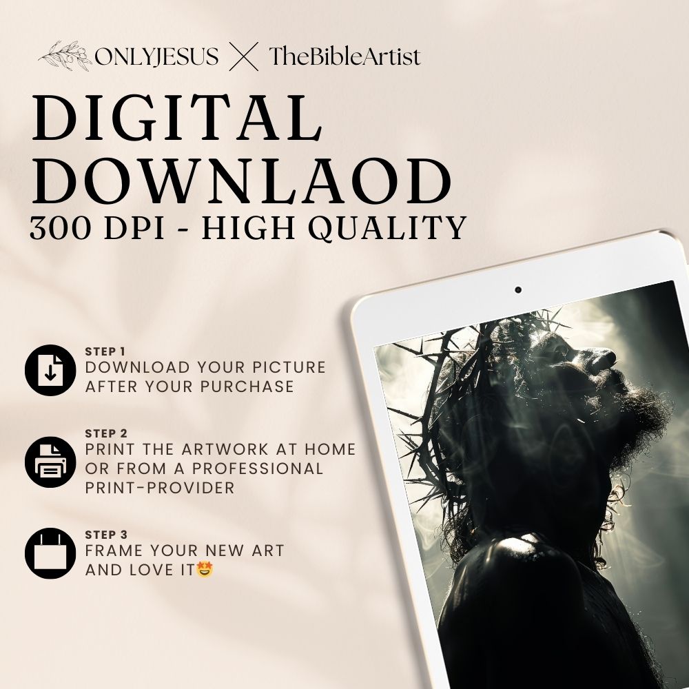 Digitaler Download in 300 dpi zum Selbstdrucken: Silhouette von Jesus mit Dornenkrone im Gegenlicht