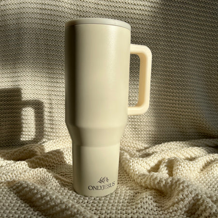 OnlyJesus Tumbler in Creme mit Griff und Strohhalm