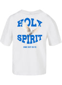 Weißes Holy Spirit Damenshirt, Rückseite mit blauem Schriftzug und Taube