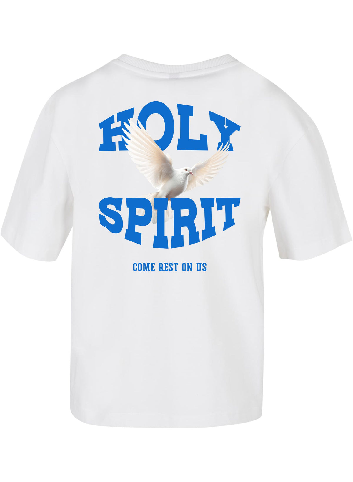 Weißes Holy Spirit Damenshirt, Rückseite mit blauem Schriftzug und Taube