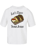 Weißes Let's Taco 'bout Jesus Damenshirt, Rückseite mit Taco-Print