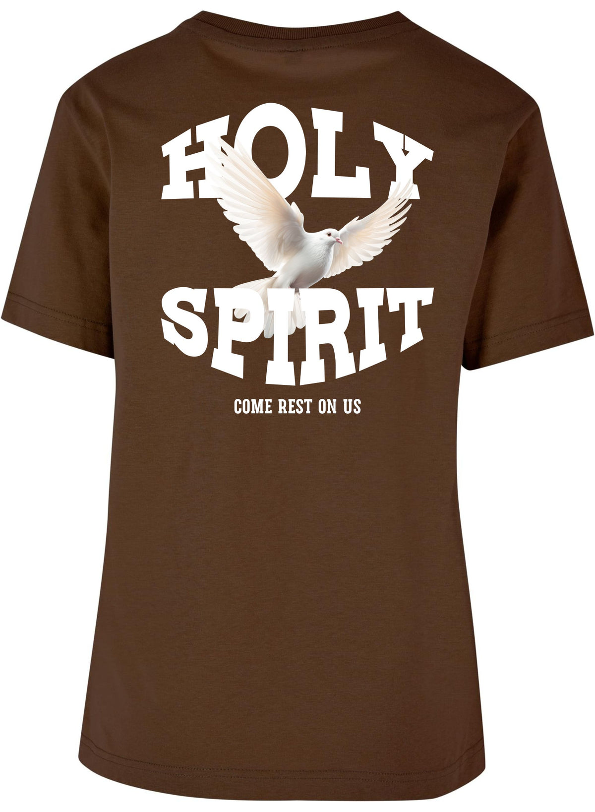 Braunes Holy Spirit Damenshirt, Rückseite mit Taube und Schriftzug