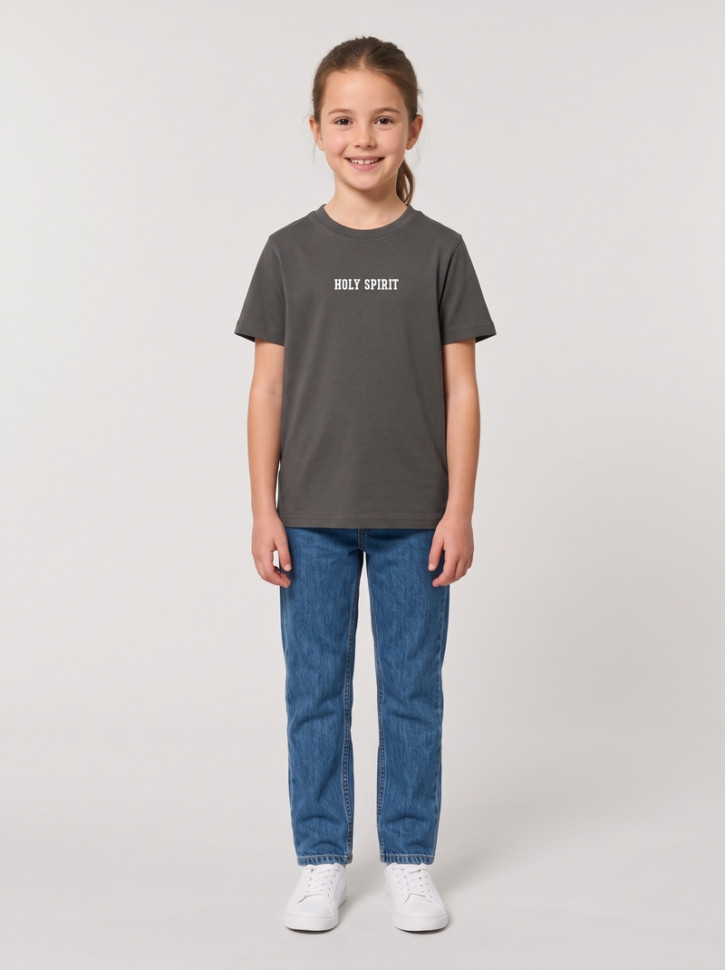 Mädchen im dunkelgrauen Holy Spirit Kindershirt, Vorderseite