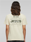 Frau von hinten im sandfarbenen Ich sag Jesus Shirt von Newsound Worship