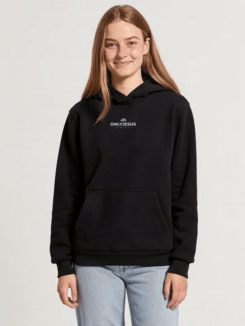 OnlyJesus Fluffy Hoodie Damen in Schwarz, Model dreht sich: vorne, Seite, hinten